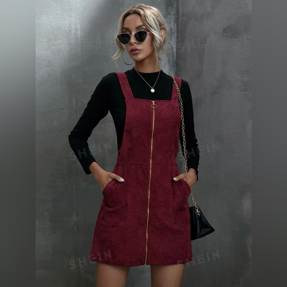 Corduroy O-Ring Zipper Mini Overall Dress